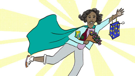 Cartoon of a woman with a cape carrying flowers, wine a birthday gift and board game