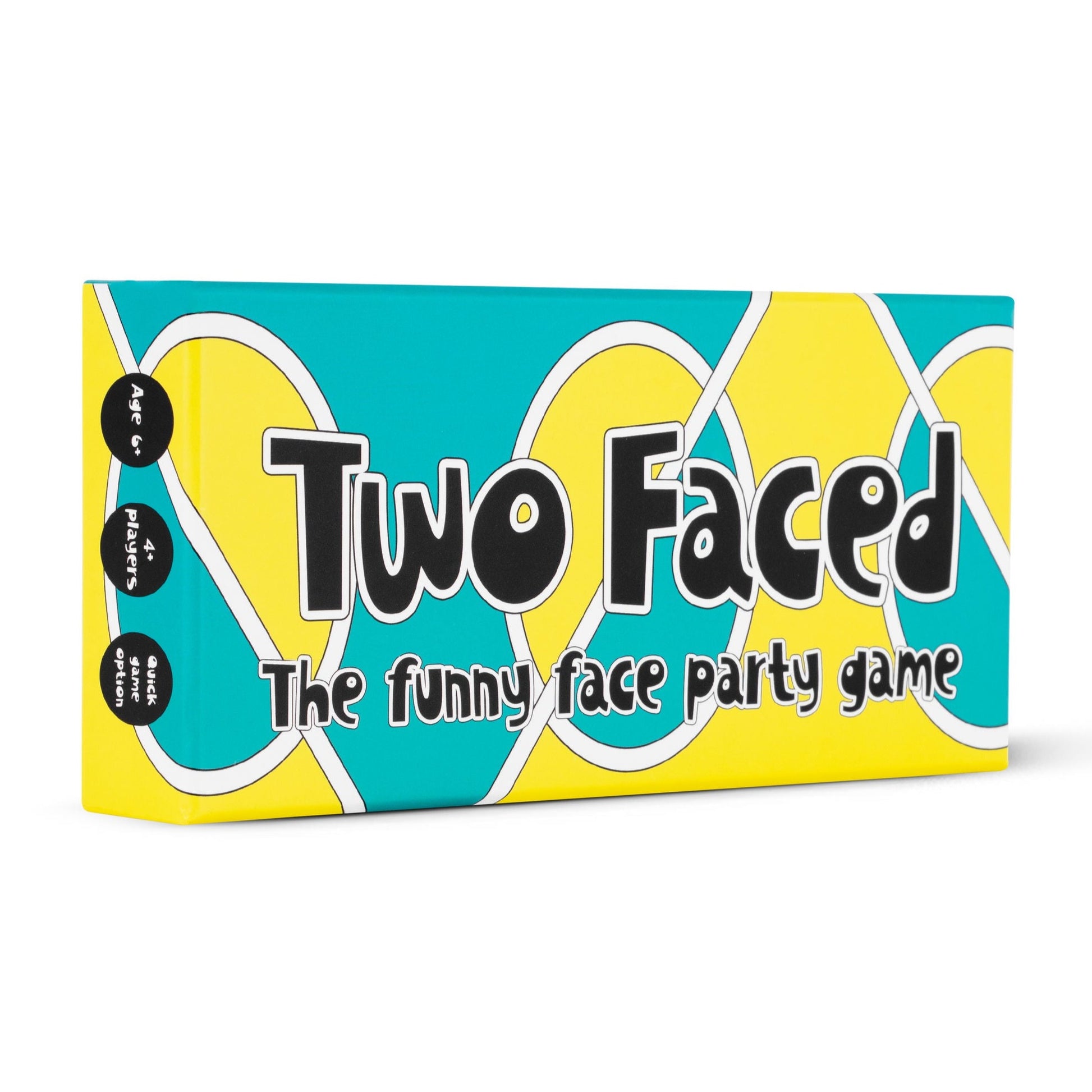 Two Faced game box, bright green and yellow with bold lettering