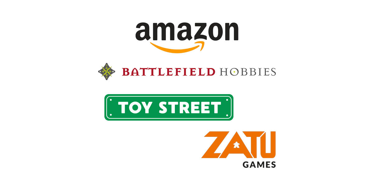 Stockist logos; amazon, Battlefield Hobbies, Toy Street, Zatu Games